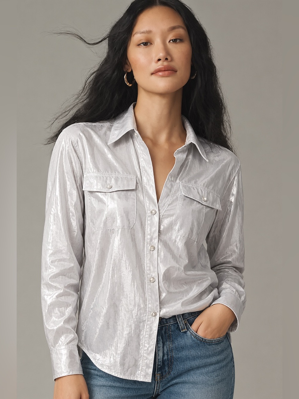 LRalph Lauren Women’s Longsleeve Button Down Shirt Blouse Metallic Silver Grey